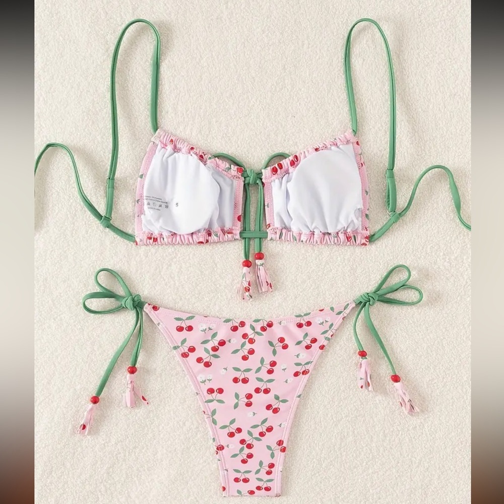 Pink Cherry Print Tassel Accents Cheeky Bikini Set - Picture 2 of 6
